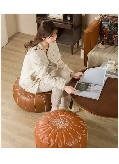 Round PU Leather Floor Cushion with Full Embroidered Design &amp; Carry Handle (D50 × H25)cm - Brown