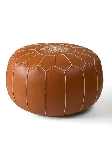 Round PU Leather Floor Cushion with Full Embroidered Design &amp; Carry Handle (D50 × H25)cm - Camel