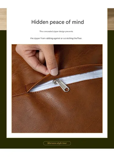 Round PU Leather Floor Cushion with Full Embroidered Design &amp; Carry Handle (D50 × H25)cm - Camel