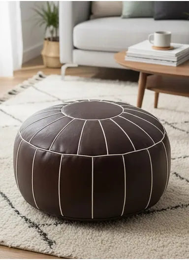 Comfort PU Leather Round Seating Cushion with Carry Handle &amp; Waterproof Surface – Dark Brown