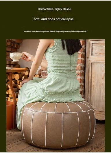 Comfort PU Leather Round Seating Cushion with Carry Handle &amp; Waterproof Surface – Brown