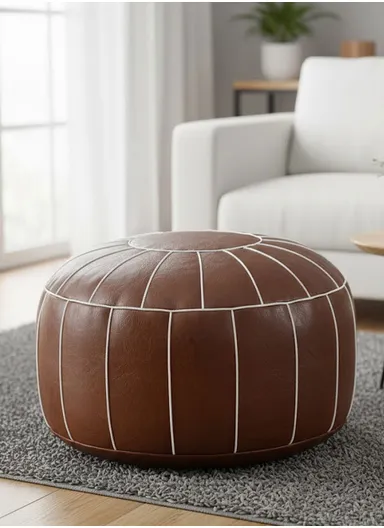 Comfort PU Leather Round Seating Cushion with Carry Handle &amp; Waterproof Surface – Camel