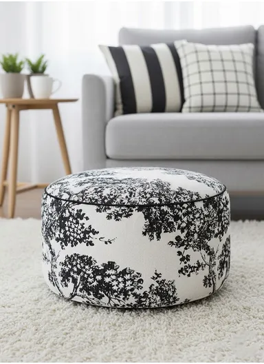 Round Floor Pouf Cushion with Leaf Print &amp; EPP Filling (D45 × H25)cm - Black &amp; White