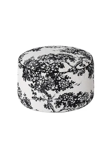 Round Floor Pouf Cushion with Leaf Print &amp; EPP Filling (D45 × H25)cm - Black &amp; White