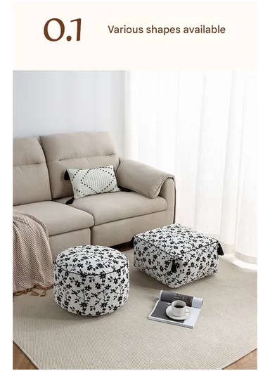 Round Floor Pouf Cushion with Leaf Print &amp; EPP Filling (D45 × H25)cm - Black &amp; White