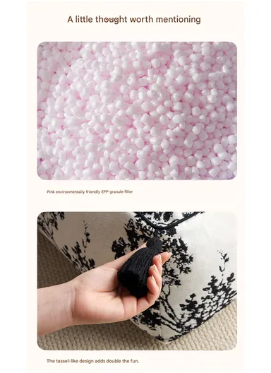 Round Floor Pouf Cushion with Leaf Print &amp; EPP Filling (D45 × H25)cm - Black &amp; White