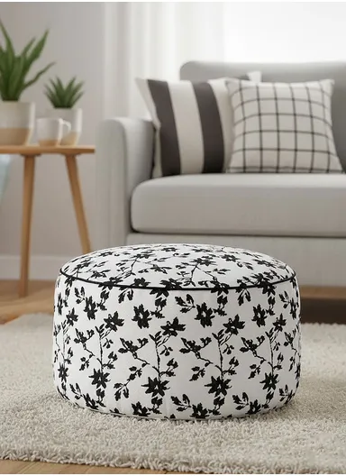 Round Floor Pouf Cushion with Floral Print &amp; EPP Filling (D45 × H25)cm - Black &amp; White