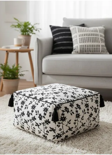 Square Floor Pouf Cushion with Floral Print &amp; EPP Filling (L45 × W45 × H25)cm - Black &amp; White
