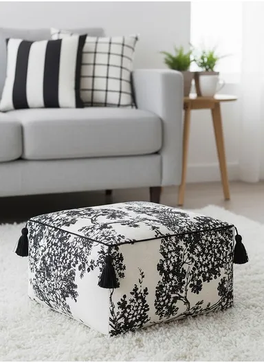 Square Floor Pouf Cushion with Leaf Print &amp; EPP Filling (L45 × W45 × H25)cm - Black &amp; White