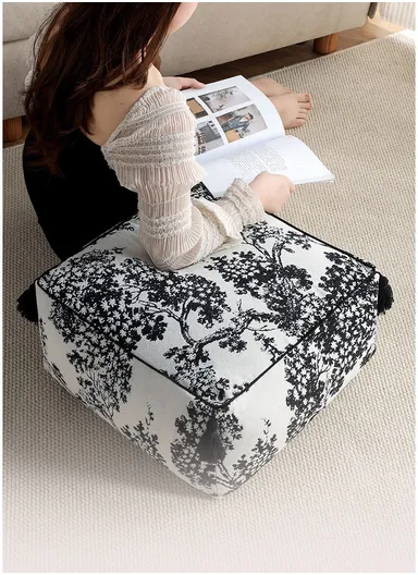Square Floor Pouf Cushion with Leaf Print &amp; EPP Filling (L45 × W45 × H25)cm - Black &amp; White