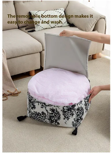 Square Floor Pouf Cushion with Leaf Print &amp; EPP Filling (L45 × W45 × H25)cm - Black &amp; White