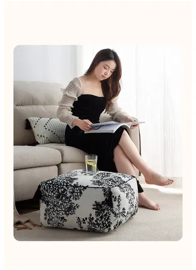 Square Floor Pouf Cushion with Leaf Print &amp; EPP Filling (L45 × W45 × H25)cm - Black &amp; White