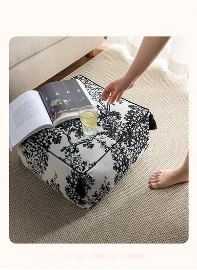 Square Floor Pouf Cushion with Leaf Print &amp; EPP Filling (L45 × W45 × H25)cm - Black &amp; White