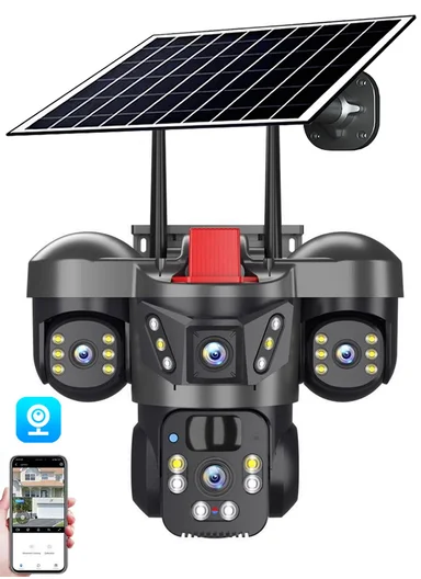 3-Lens 2.0MP Wi-Fi PTZ Waterproof Camera, Outdoor Dome Solar Security Camera with Backup Battery, Two-Way Audio &amp; Full Color Night Vision (App: V380 Pro) QL21