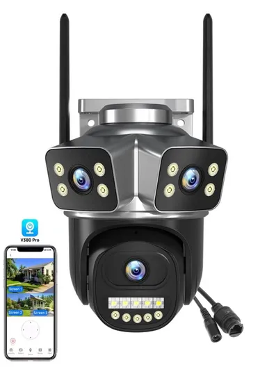 3-Camera 3-Screen 2.0MP True Trinocular WiFi PTZ Security Camera Auto-Tracking &amp; Night Vision (App: V380 Pro) QD18
