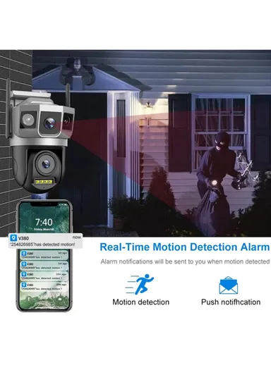 3-Camera 3-Screen 2.0MP True Trinocular WiFi PTZ Security Camera Auto-Tracking &amp; Night Vision (App: V380 Pro) QD18
