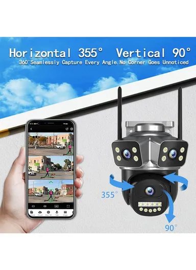 3-Camera 3-Screen 2.0MP True Trinocular WiFi PTZ Security Camera Auto-Tracking &amp; Night Vision (App: V380 Pro) QD18
