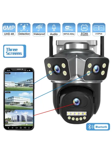 3-Camera 3-Screen 2.0MP True Trinocular WiFi PTZ Security Camera Auto-Tracking &amp; Night Vision (App: V380 Pro) QD18