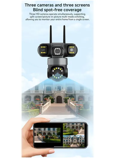 THREE-CAMERA THREE-SCREEB 2.0MP 3-Lens PTZ Wi-Fi Security Camera (App: V380 Pro) QD20