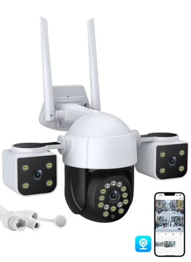 THREE-SCREEN 2.0MP True Trinocular Wi-Fi Security PTZ Camera with Auto-Tracking, Instant Alerts, Night Vision &amp; Two-Way Audio QD22 (APP: V380 Pro)