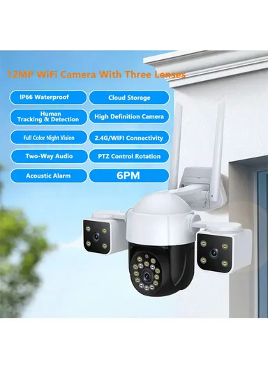 THREE-SCREEN 2.0MP True Trinocular Wi-Fi Security PTZ Camera with Auto-Tracking, Instant Alerts, Night Vision &amp; Two-Way Audio QD22 (APP: V380 Pro)
