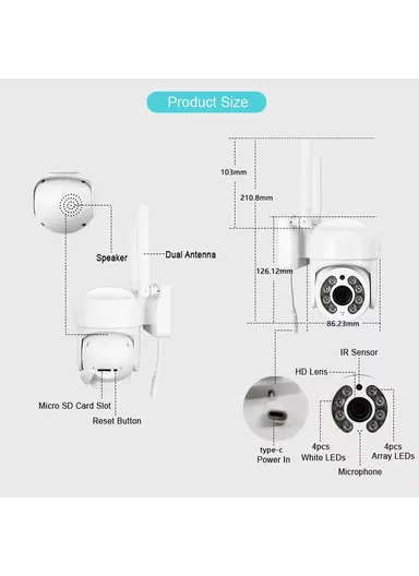 4.0MP Waterproof Smart PTZ Mini Camera with Intrusion Alarm, Humanoid Tracing &amp; Multiple Night Modes (APP: ICSEE) Q5-40R