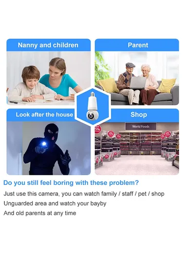 HD 3.0MP E26 Light Bulb PTZ Camera with Infra-Red Vision &amp; Motion Detection (App: V380 Pro) 