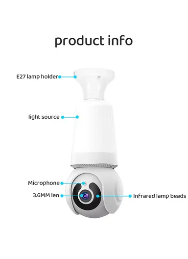 HD 3.0MP E26 Light Bulb PTZ Camera with Infra-Red Vision &amp; Motion Detection (App: V380 Pro) 
