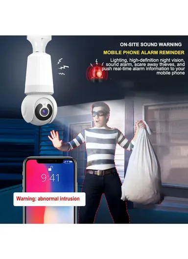HD 3.0MP E27 Light Bulb PTZ Camera with Infra-Red Vision &amp; Motion Detection (App: V380 Pro) E27-H2