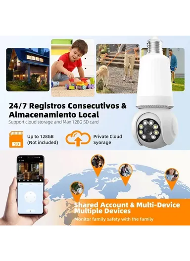 HD 3.0MP E27 Light Bulb PTZ Camera with Infra-Red Vision &amp; Motion Detection (App: V380 Pro) E27-H2