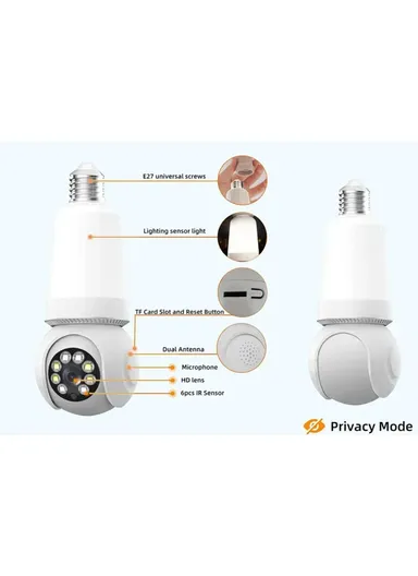 HD 3.0MP E27 Light Bulb PTZ Camera with Infra-Red Vision &amp; Motion Detection (App: V380 Pro) E27-H2