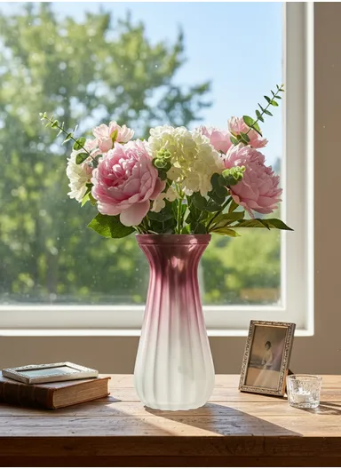 Waisted Frosted Vase, Matte Elegant Flower Desk Decorative Glass Vase (D10 x H22)cm - Red