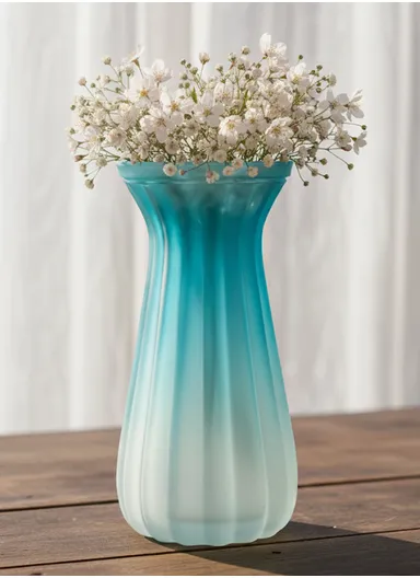 Waisted Frosted Vase, Matte Elegant Flower Desk Decorative Glass Vase (D10 x H22)cm - Blue