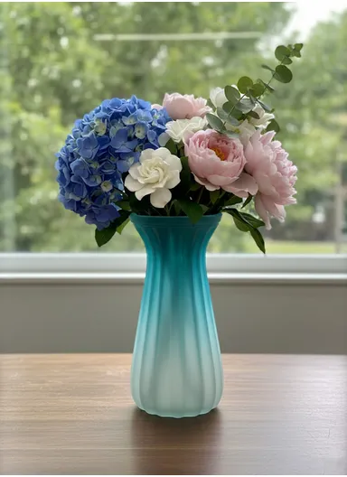 Waisted Frosted Vase, Matte Elegant Flower Desk Decorative Glass Vase (D10 x H22)cm - Blue