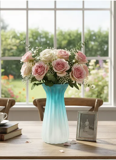 Waisted Frosted Vase, Matte Elegant Flower Desk Decorative Glass Vase (D10 x H22)cm - Blue