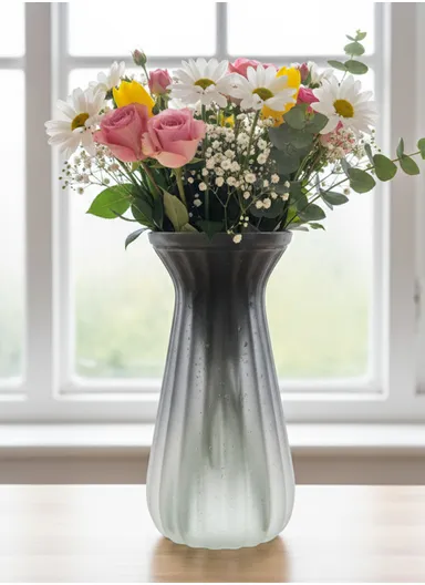 Waisted Frosted Vase, Matte Elegant Flower Desk Decorative Glass Vase (D10 x H22)cm - Gray