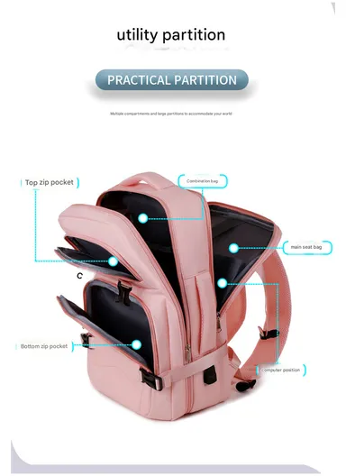 17-inch Laptop Waterproof Backpack With USB Charging Port For Travel &amp; School (W30 x D17 x H45) cm - Pink