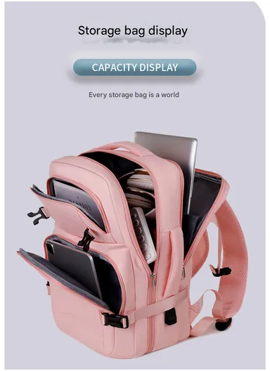 17-inch Laptop Waterproof Backpack With USB Charging Port For Travel &amp; School (W30 x D17 x H45) cm - Pink