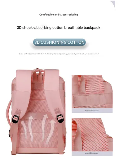 17-inch Laptop Waterproof Backpack With USB Charging Port For Travel &amp; School (W30 x D17 x H45) cm - Pink