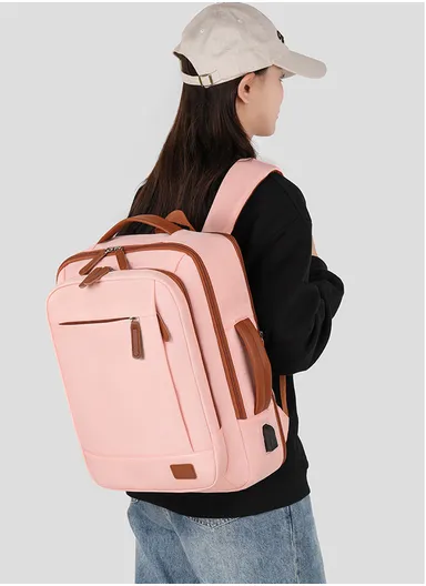 17-inch Laptop Backpack Multi-pocket With USB Charging Port (W30 x D10 x H41) cm - Pink