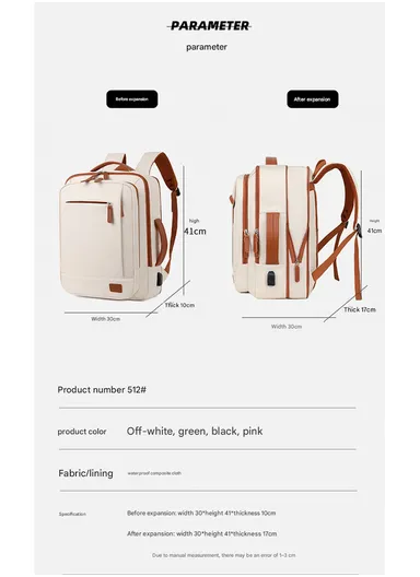 17-inch Laptop Backpack Multi-pocket With USB Charging Port (W30 x D10 x H41) cm - Pink