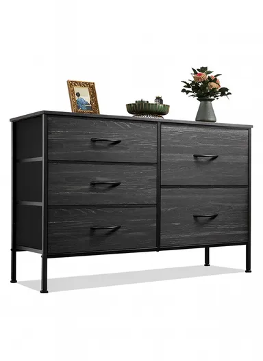 5-Drawer Fabric Storage Dresser, Closet Organizer Unit with Metal Frame &amp; Fabric Bins, Bedroom Hallway Storage (W100 x D30 x H69)cm - Black