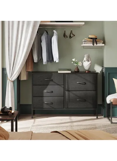 5-Drawer Fabric Storage Dresser, Closet Organizer Unit with Metal Frame &amp; Fabric Bins, Bedroom Hallway Storage (W100 x D30 x H69)cm - Black