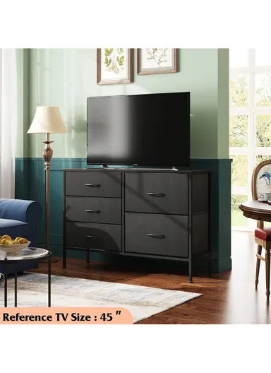 5-Drawer Fabric Storage Dresser, Closet Organizer Unit with Metal Frame &amp; Fabric Bins, Bedroom Hallway Storage (W100 x D30 x H69)cm - Black