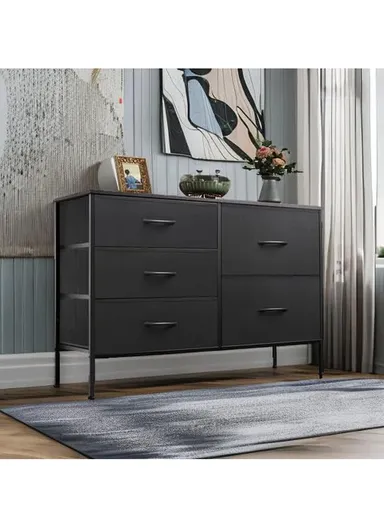 5-Drawer Fabric Storage Dresser, Closet Organizer Unit with Metal Frame &amp; Fabric Bins, Bedroom Hallway Storage (W100 x D30 x H69)cm - Black