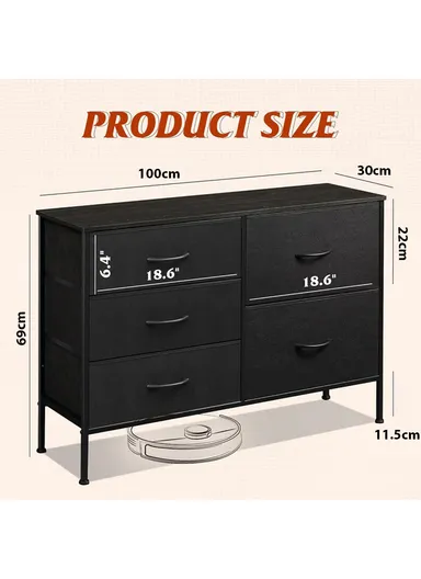 5-Drawer Fabric Storage Dresser, Closet Organizer Unit with Metal Frame &amp; Fabric Bins, Bedroom Hallway Storage (W100 x D30 x H69)cm - Black