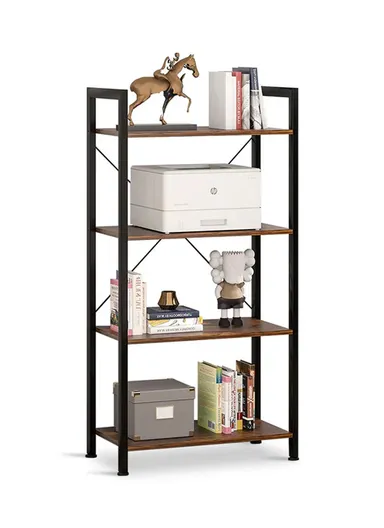 4-Tier Storage Shelf Rack, Freestanding Bookcase with Metal Frame &amp; Adjustable Feet, Open Display Shelving Unit for Living Room, Bedroom, Office (W63 x D30 x H121.5)cm - Tiger Wood