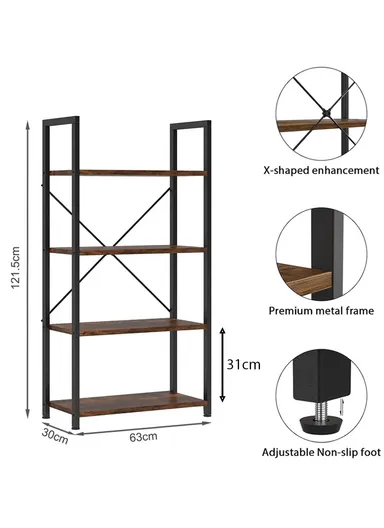 4-Tier Storage Shelf Rack, Freestanding Bookcase with Metal Frame &amp; Adjustable Feet, Open Display Shelving Unit for Living Room, Bedroom, Office (W63 x D30 x H121.5)cm - Tiger Wood