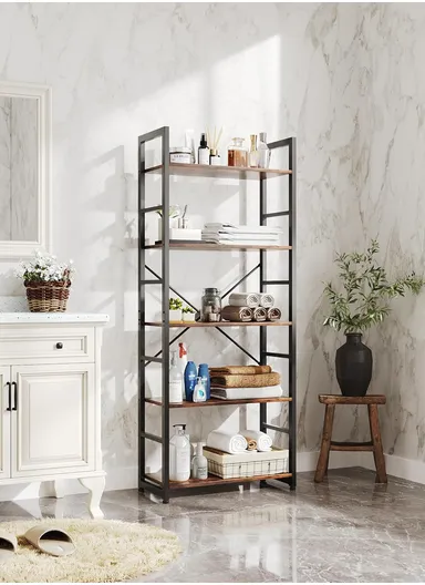 4-Tier Storage Shelf Rack, Freestanding Bookcase with Metal Frame &amp; Adjustable Feet, Open Display Shelving Unit for Living Room, Bedroom, Office (W63 x D30 x H121.5)cm - Tiger Wood