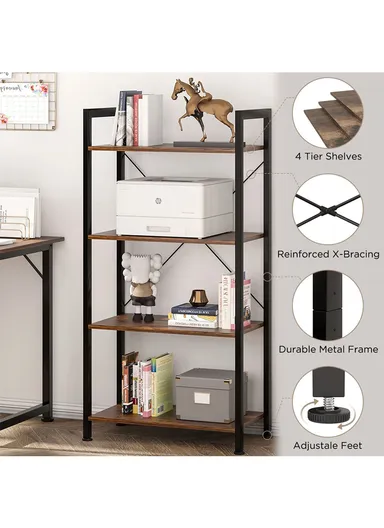 4-Tier Storage Shelf Rack, Freestanding Bookcase with Metal Frame &amp; Adjustable Feet, Open Display Shelving Unit for Living Room, Bedroom, Office (W63 x D30 x H121.5)cm - Tiger Wood